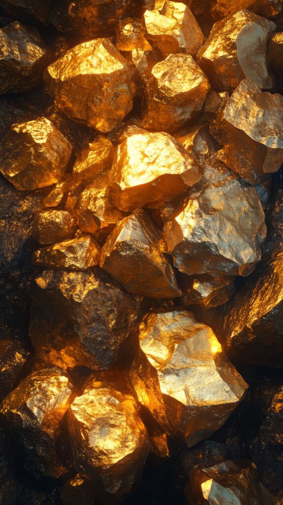 Glowing Golden Rocks Scattered Across a Dark Background in a Close-Up View With Vivid Details
